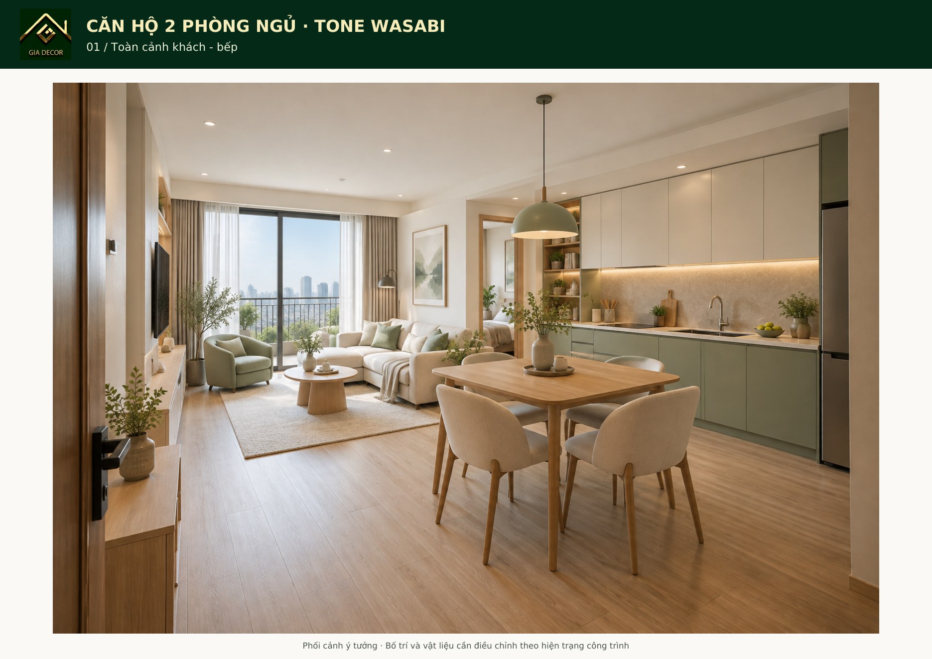 Phối cảnh toàn cảnh phòng khách và bếp căn hộ 2 phòng ngủ tone wasabi Gia Decor