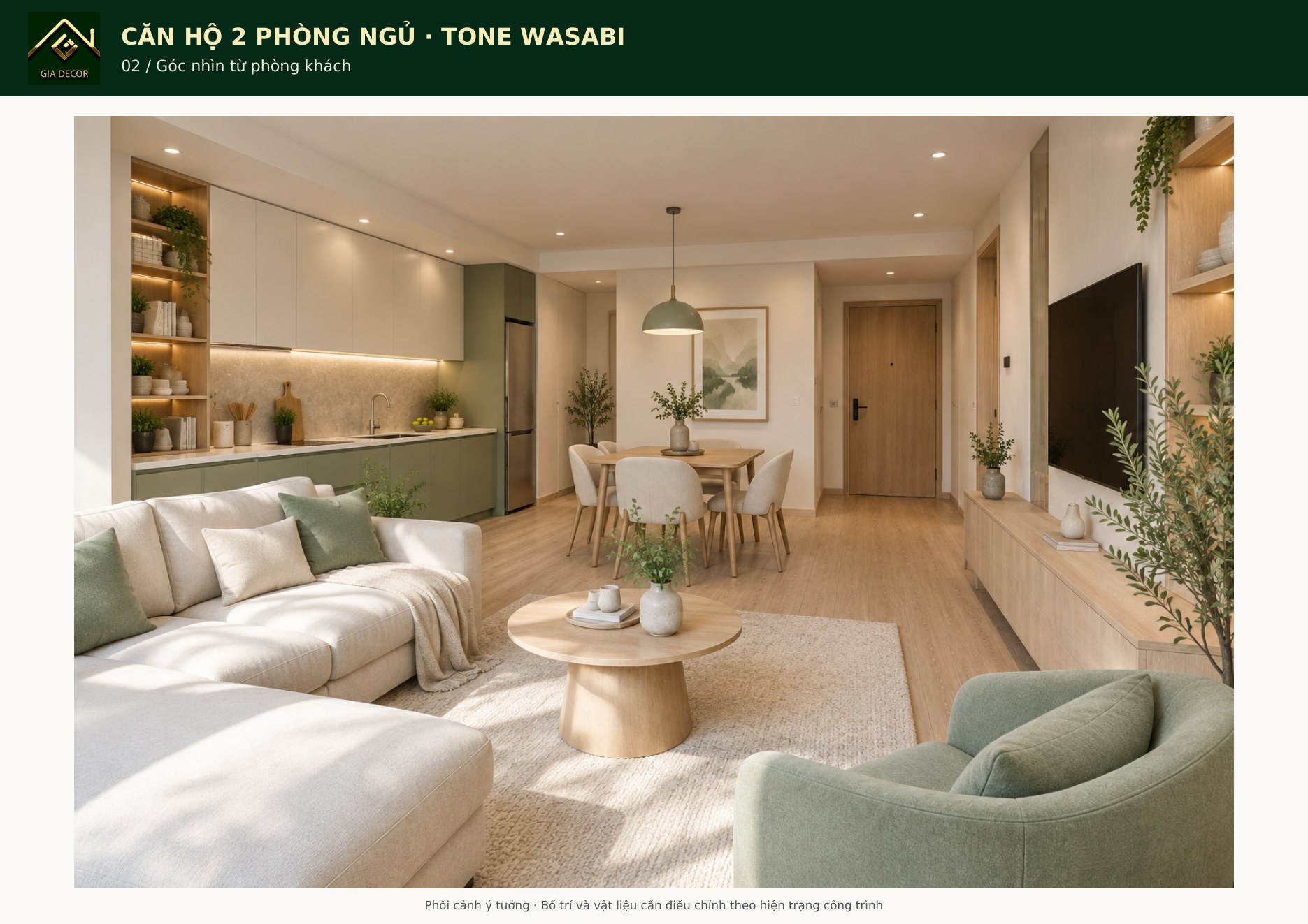 Góc nhìn từ phòng khách về bếp và bàn ăn trong căn hộ wasabi