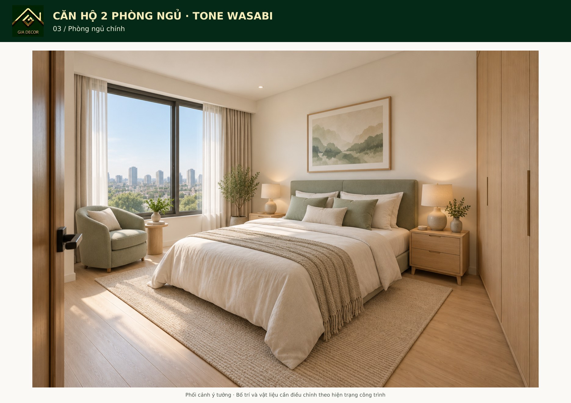 Phối cảnh phòng ngủ chính màu kem và xanh wasabi
