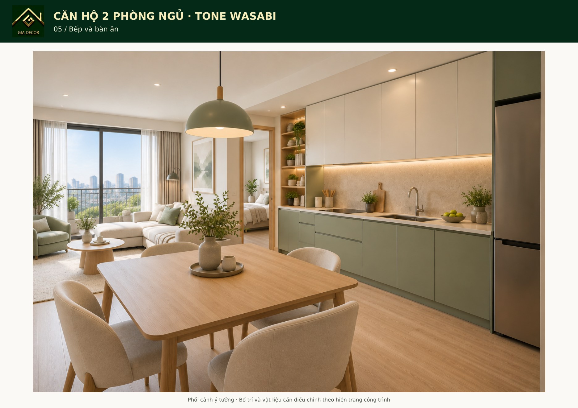 Phối cảnh bếp và bàn ăn với hệ tủ xanh wasabi