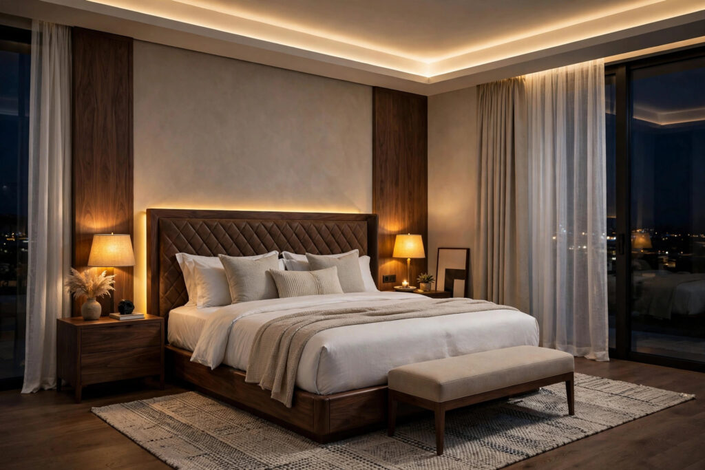 Phòng ngủ master với ánh sáng phân lớp ấm áp thư giãn tại Quy Nhơn – Gia Decor
